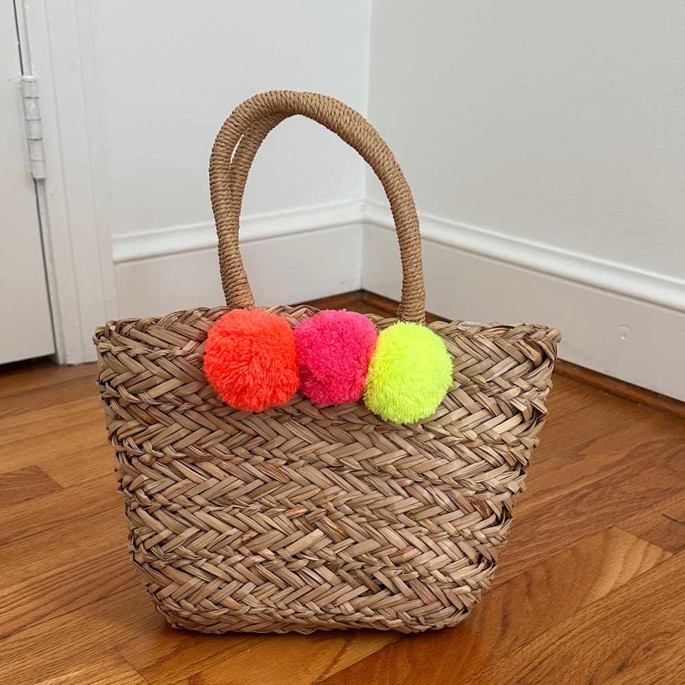 Woven Tote with Colorful Pom Poms